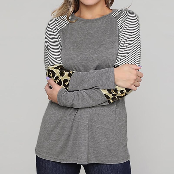 Gray and leopard color block top - Picture 3 of 5